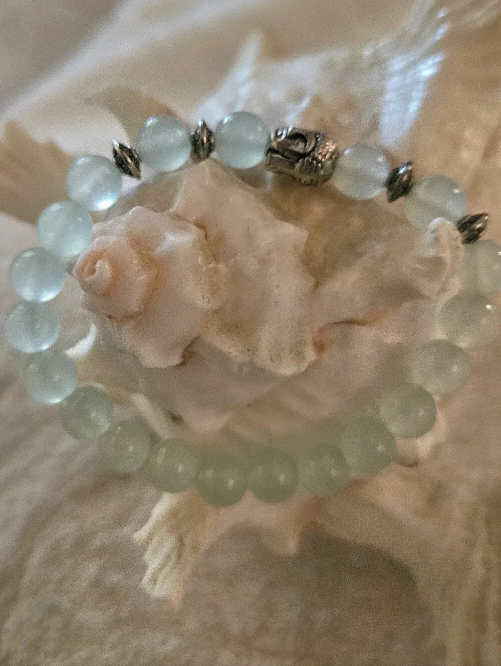 Adventurine Light Green Polished Beads Stretch Bracelet with Silver-Tone Buddha